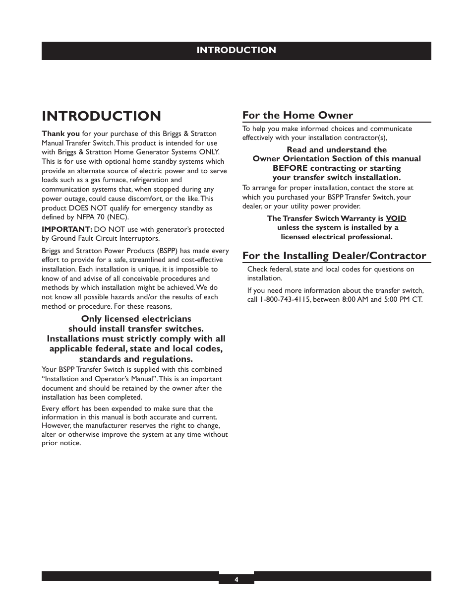 Introductio, Introduction, For the home owner | For the installing dealer/contractor | Briggs & Stratton 50A NEMA 3R User Manual | Page 4 / 28