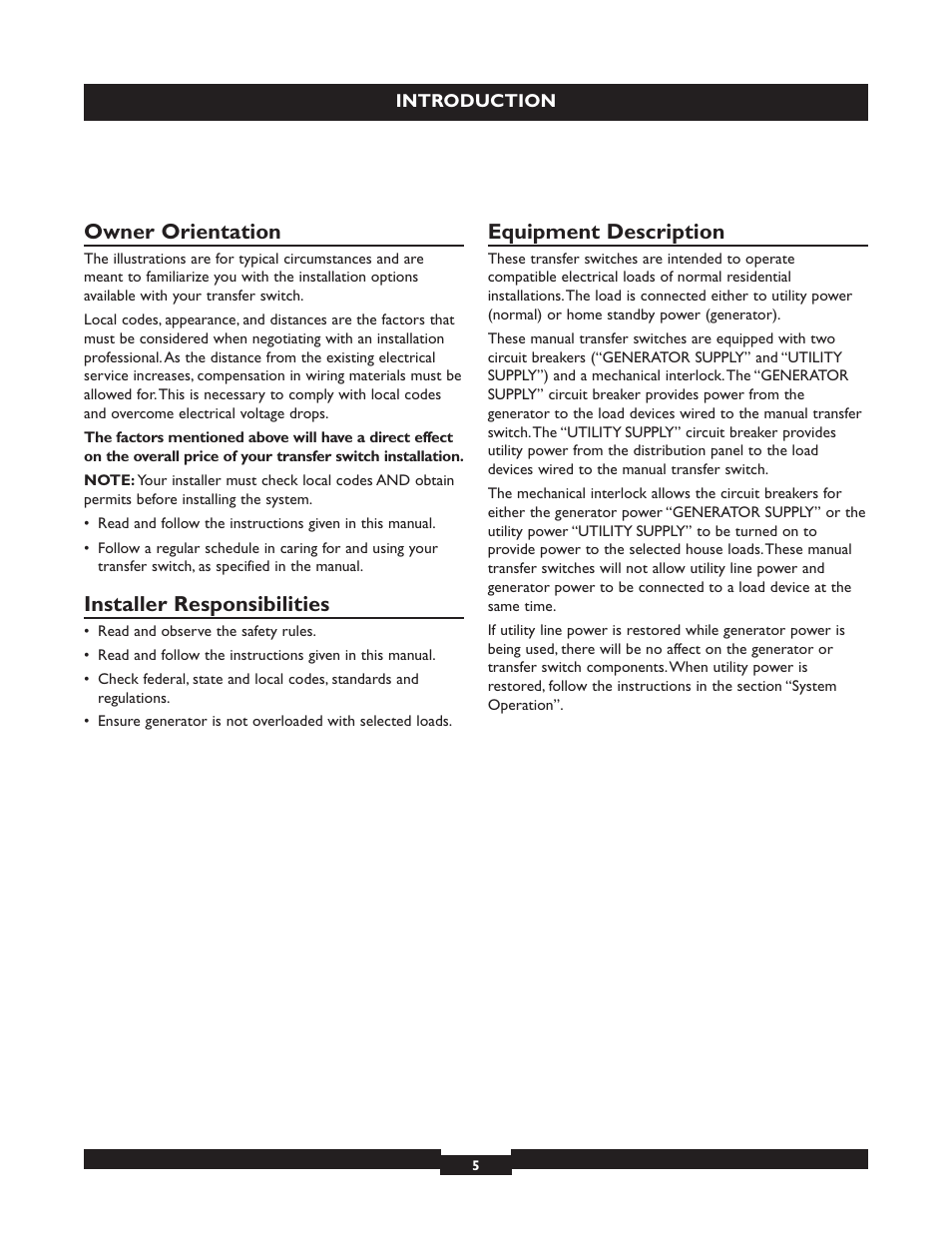 Owner orientation, Installer responsibilities, Equipment description | Briggs & Stratton 50A NEMA 3R User Manual | Page 5 / 28