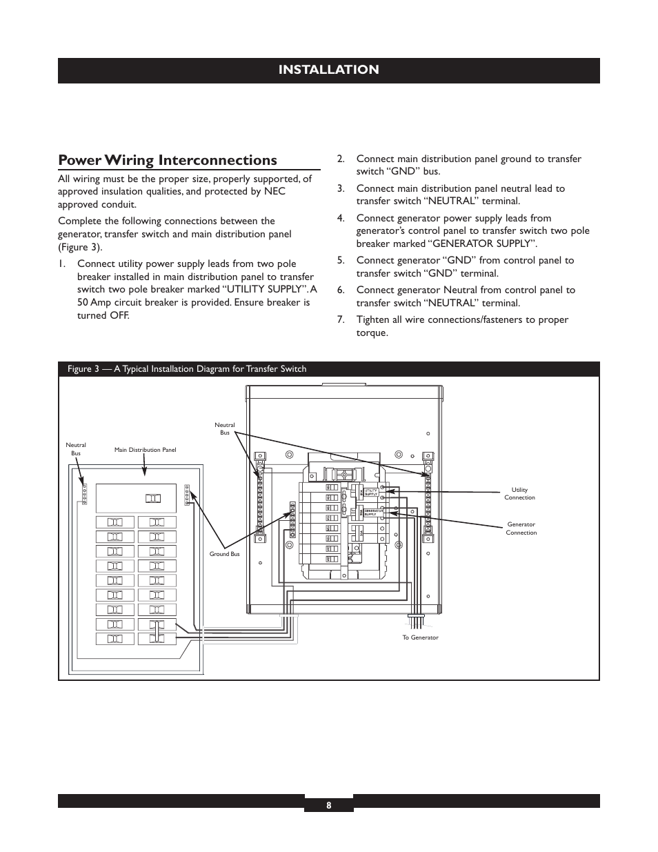 Power wiring interconnections, Installation | Briggs & Stratton 50A NEMA 3R User Manual | Page 8 / 28