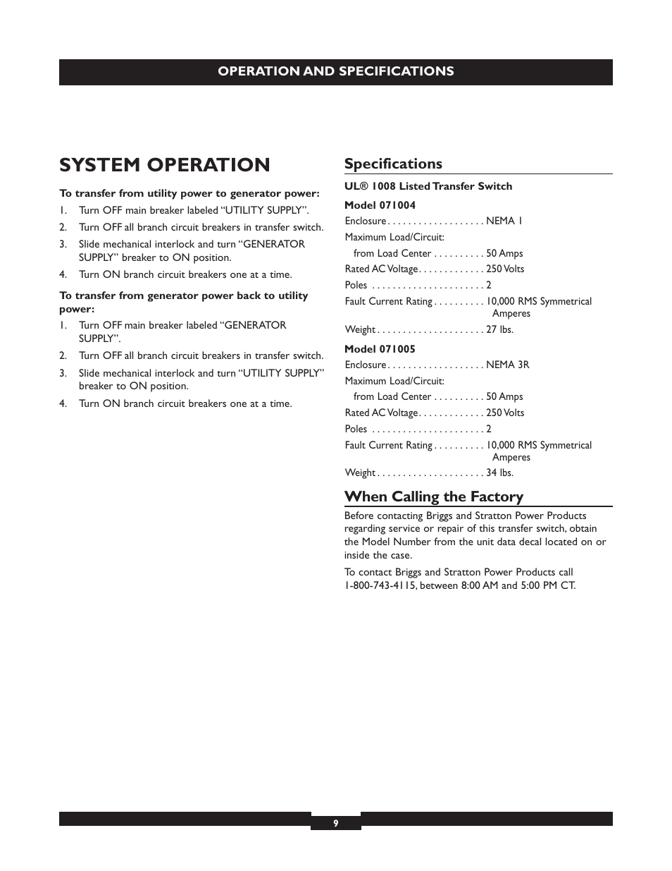 System operation, Specifications, When calling the factory | Briggs & Stratton 50A NEMA 3R User Manual | Page 9 / 28
