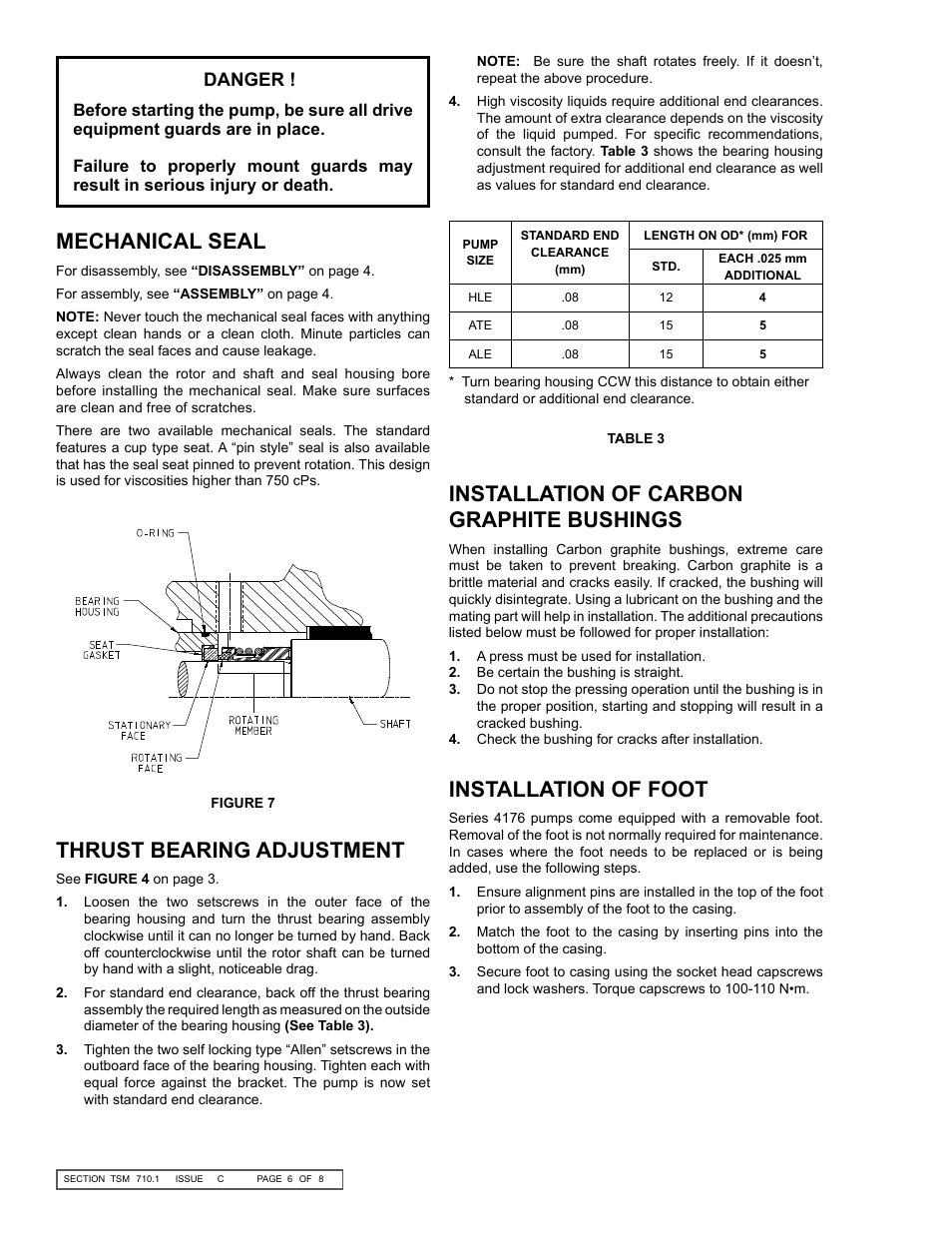 Mechanical seal, Thrust bearing adjustment, Installation of carbon graphite bushings | Installation of foot, Danger | Viking Pump TSM710.1: HLE-ALE 4076/4176 User Manual | Page 6 / 8