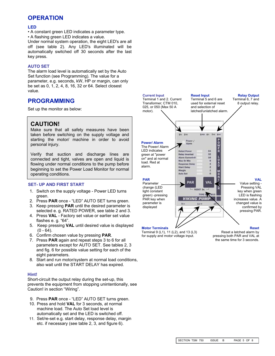 Caution, Programming operation, Operation | Viking Pump TSM750: M10 Power Load Monitor User Manual | Page 5 / 8