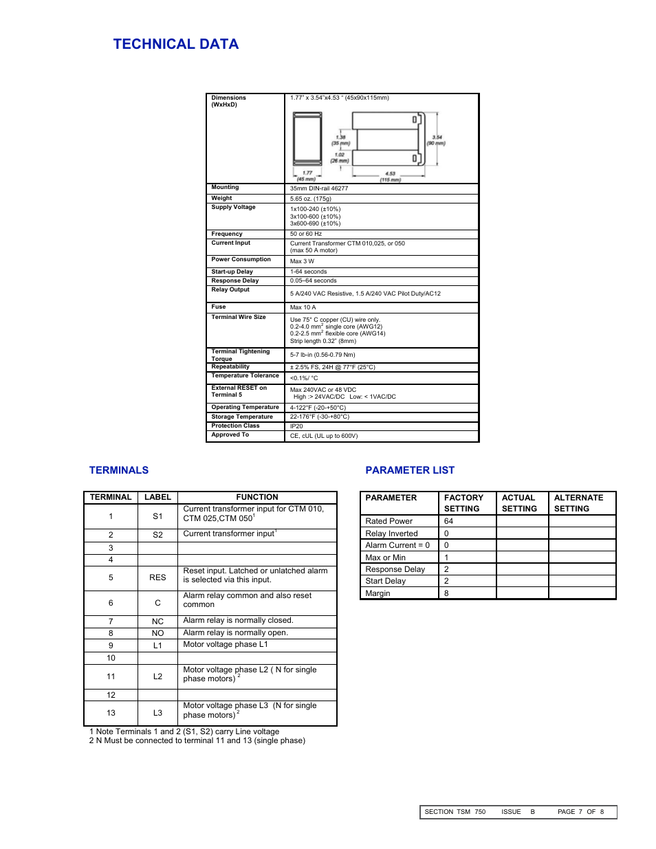 Technical data, Parameter list terminals, Viking pump, inc. ● a unit of idex corporation | Viking Pump TSM750: M10 Power Load Monitor User Manual | Page 7 / 8