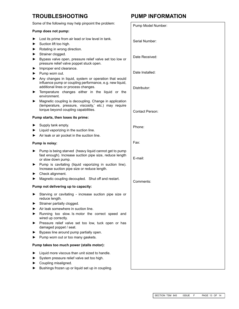 Troubleshooting pump information | Viking Pump TSM845: K-KK 825, 823, 827 User Manual | Page 13 / 14