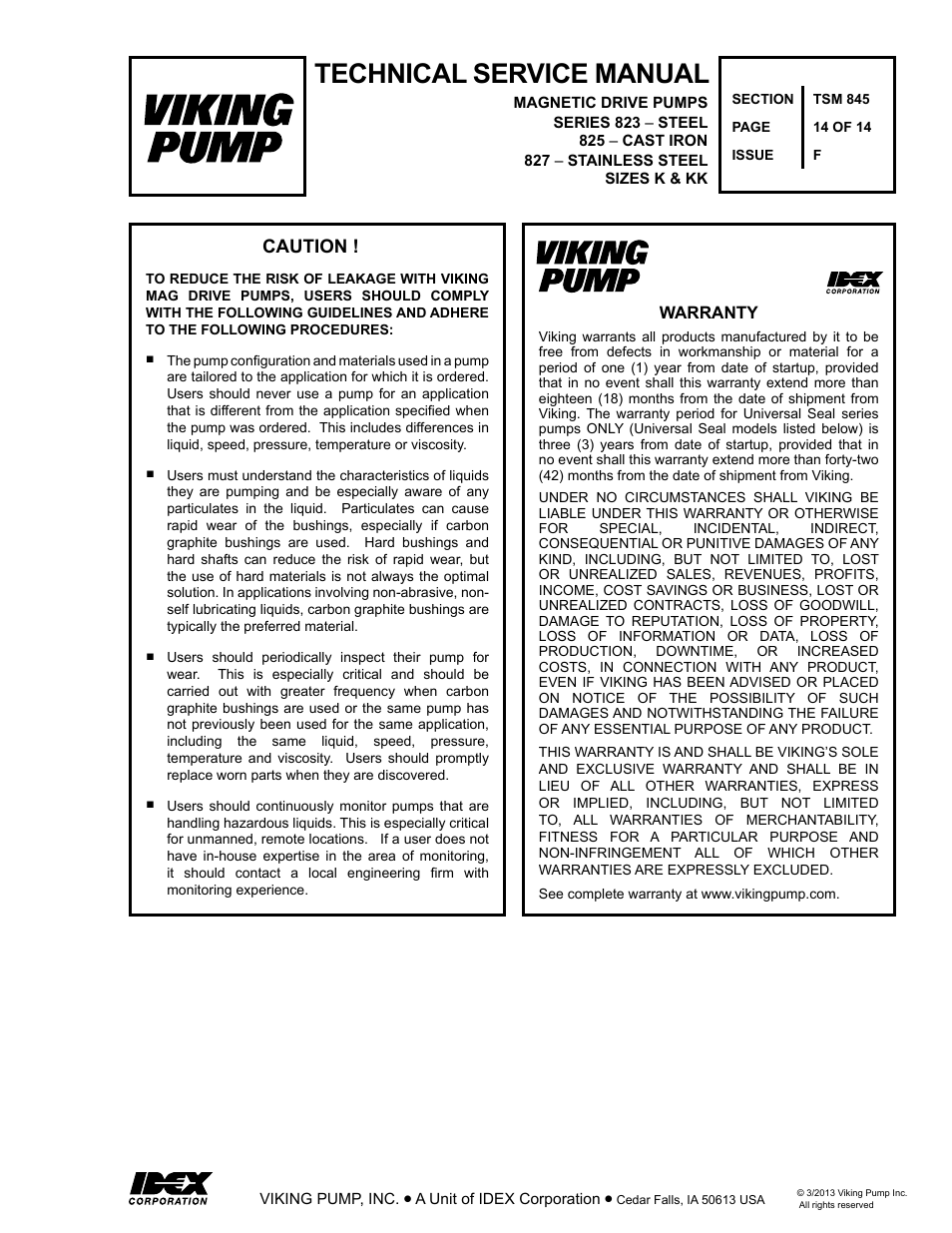 Technical service manual, Caution | Viking Pump TSM845: K-KK 825, 823, 827 User Manual | Page 14 / 14