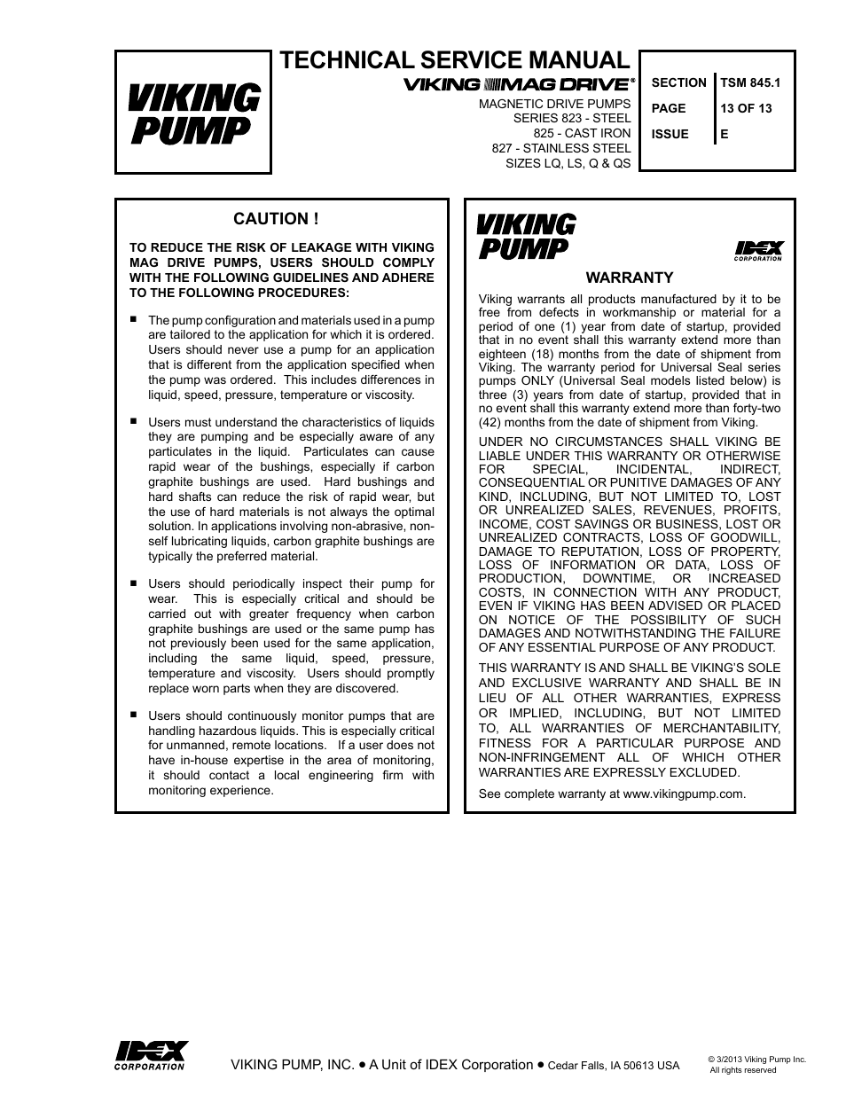 Technical service manual, Caution | Viking Pump TSM845.1: LQ-QS 825, 823, 827 User Manual | Page 13 / 13