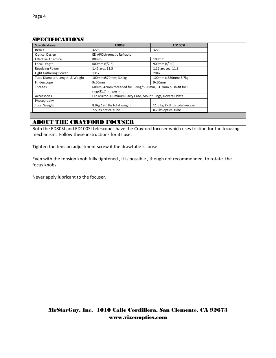 Specifications, About the crayford focuser | Vixen ED100Sf User Manual | Page 5 / 5