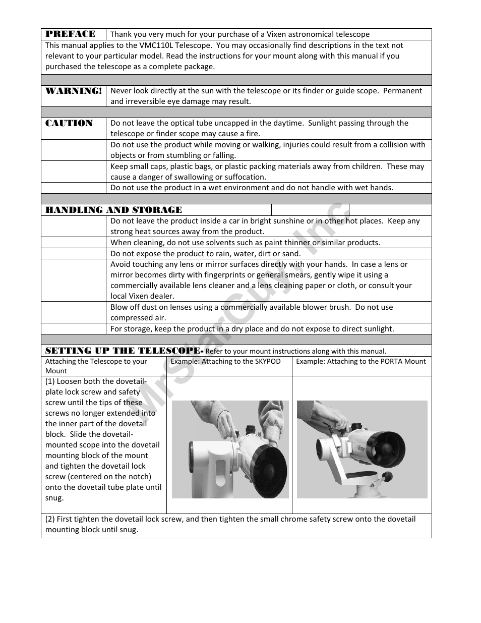 Mrstarguy, inc | Vixen VMC110 User Manual | Page 2 / 6