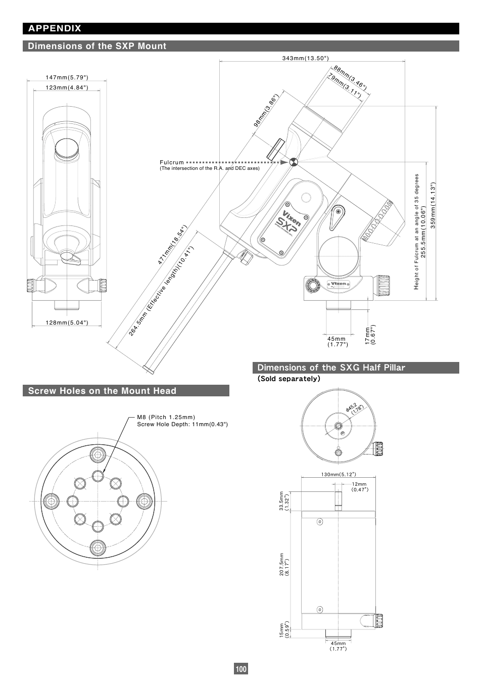 Dimensions of the sxg half pillar, Screw holes on the mount head, Appendix dimensions of the sxp mount | Vixen Sphinx SXP User Manual | Page 100 / 102