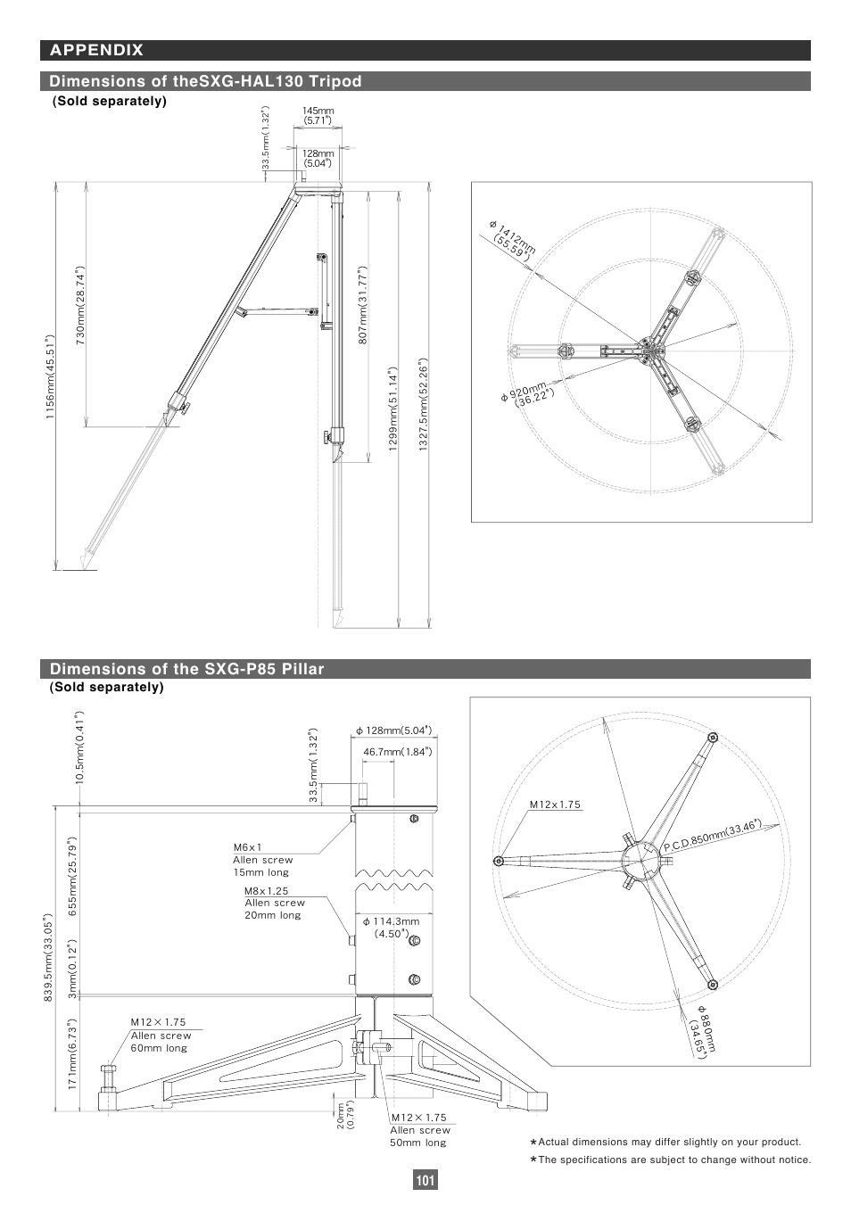 Dimensions of the sxg-p85 pillar, Appendix dimensions of thesxg-hal130 tripod | Vixen Sphinx SXP User Manual | Page 101 / 102