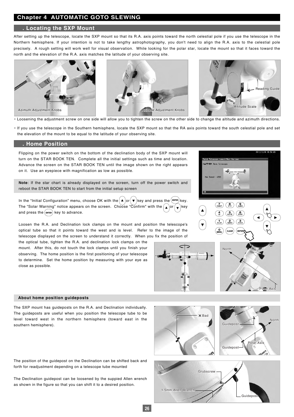 Chapter 4 automatic goto slewing, Locating the sxp mount Ⅰ . home position | Vixen Sphinx SXP User Manual | Page 26 / 102