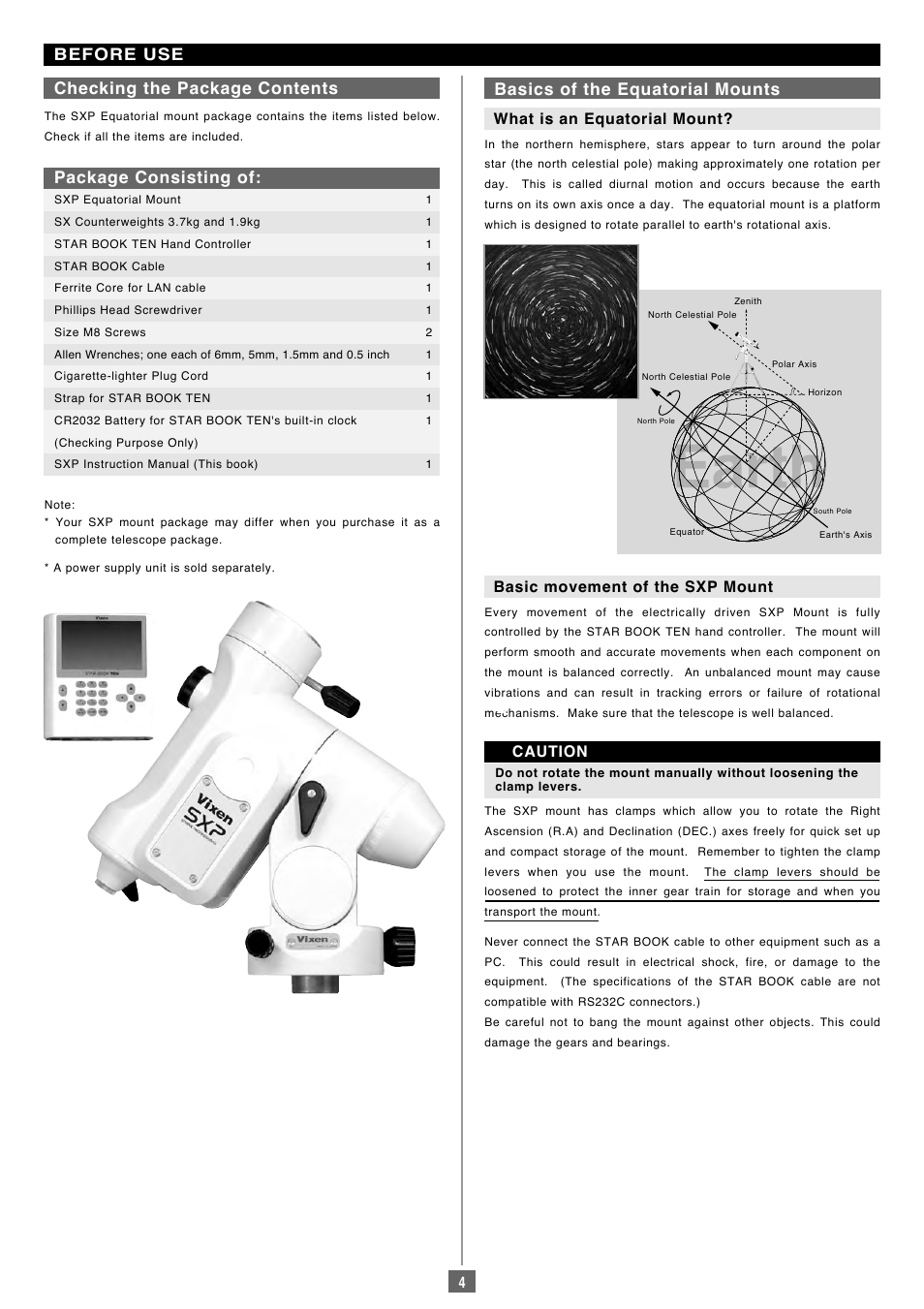 Before use, What is an equatorial mount, Basic movement of the sxp mount | Caution | Vixen Sphinx SXP User Manual | Page 4 / 102