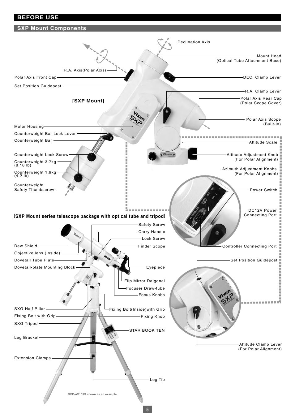 Before use sxp mount components | Vixen Sphinx SXP User Manual | Page 5 / 102