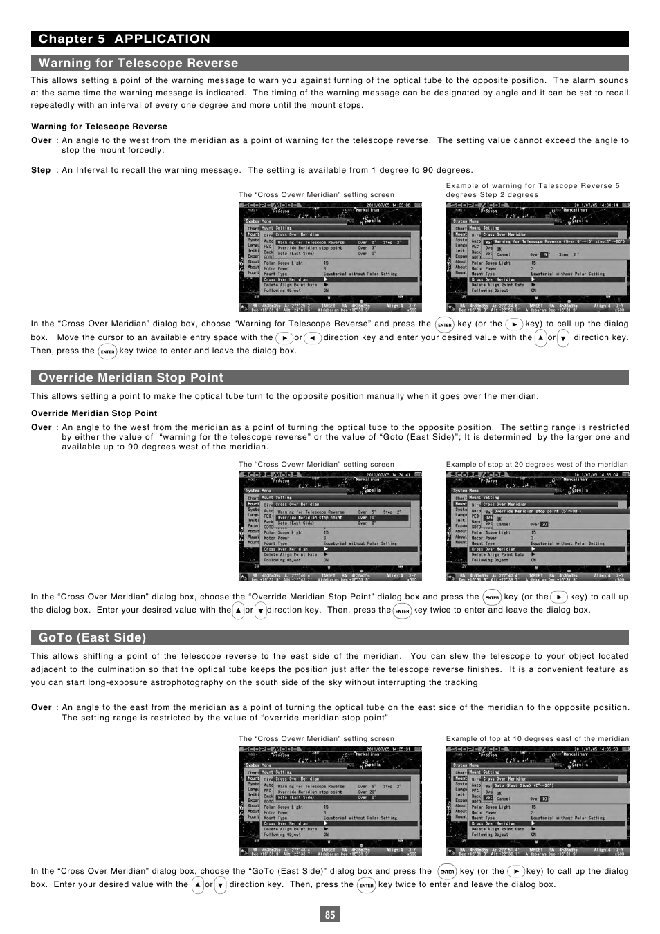 Override meridian stop point, Goto (east side) | Vixen Sphinx SXP User Manual | Page 85 / 102