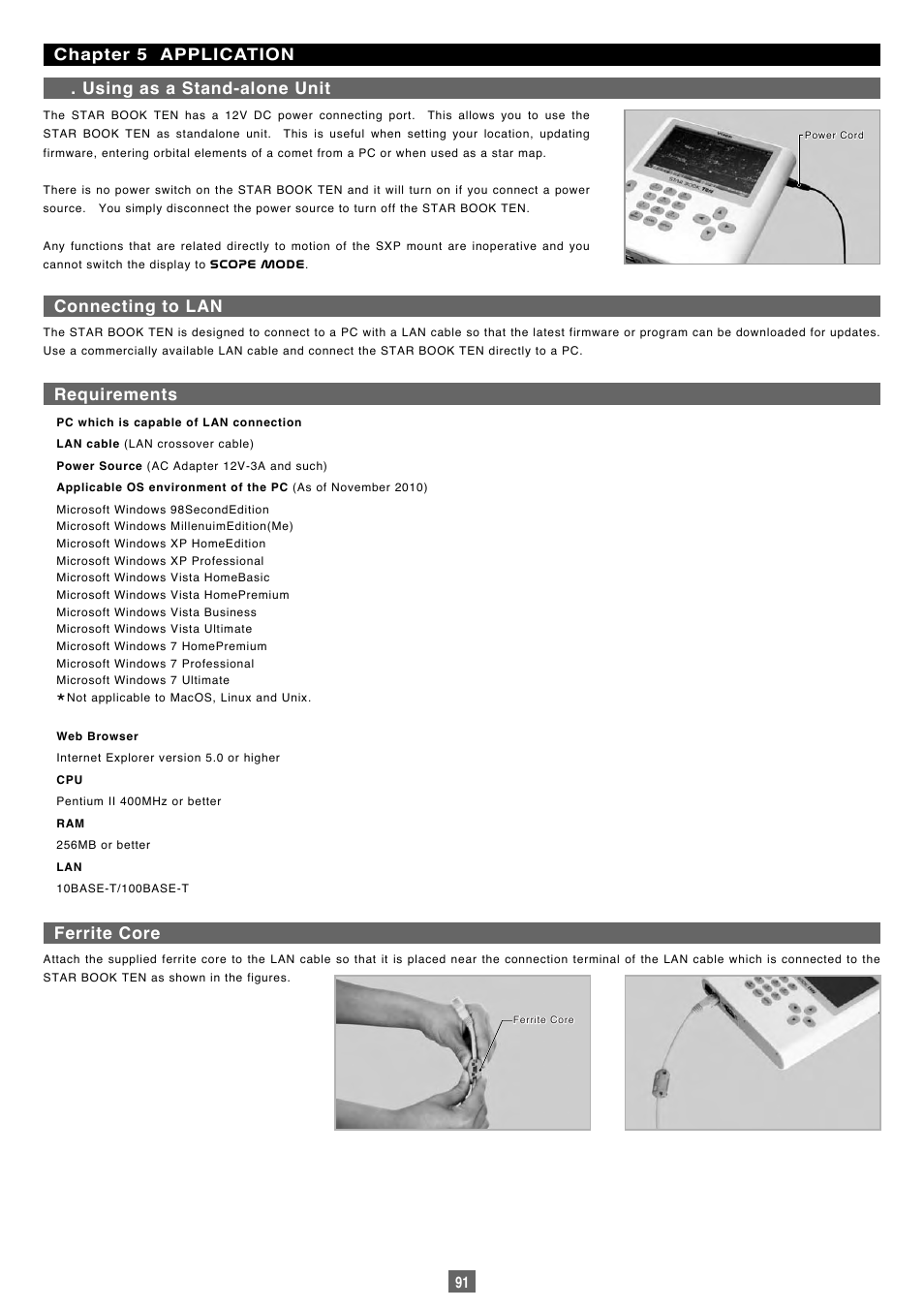 Connecting to lan, Ferrite core, Requirements | Vixen Sphinx SXP User Manual | Page 91 / 102