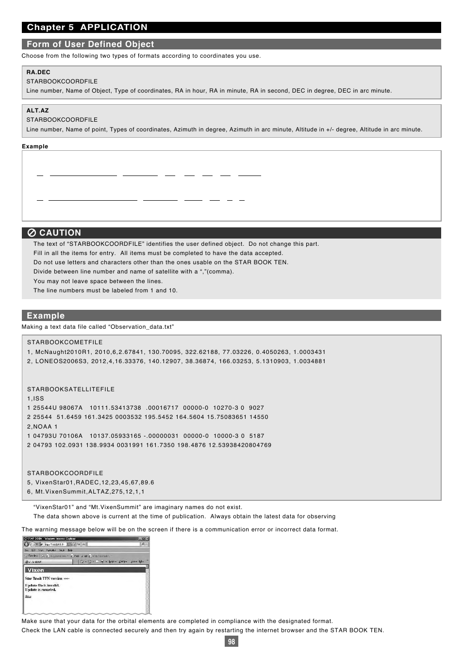 Chapter 5 application form of user defined object, Example, Caution | Vixen Sphinx SXP User Manual | Page 98 / 102