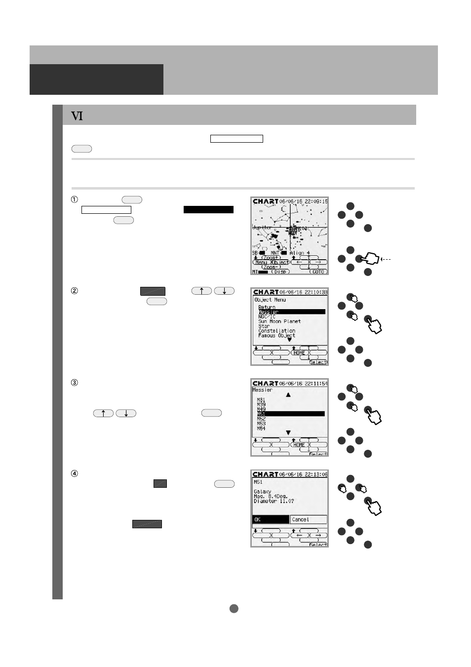 Automatic slewing, Choosing a target from the object menu | Vixen SKYPOD Altazimuth Mount User Manual | Page 40 / 48