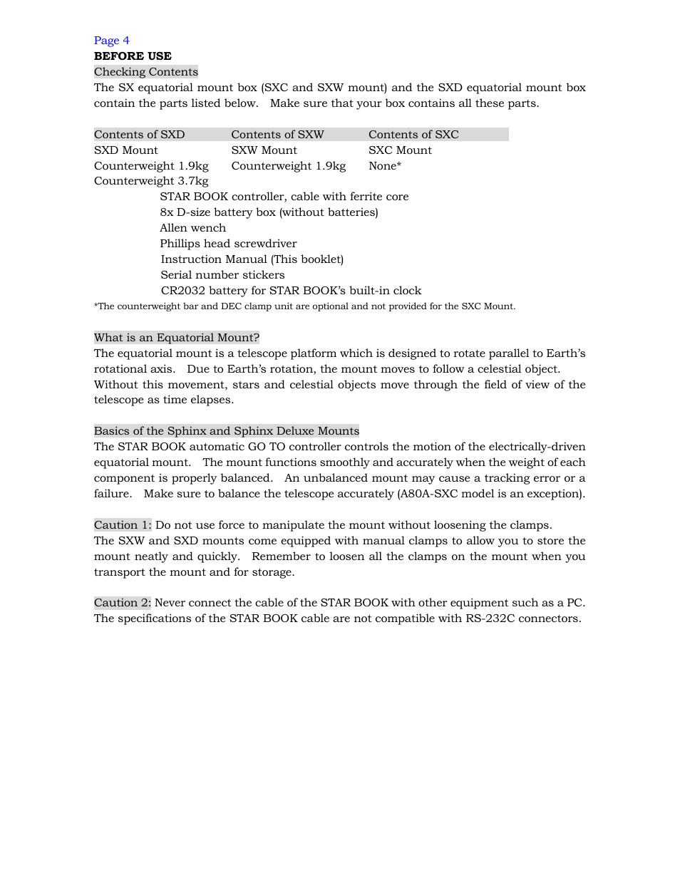 Vixen SPHINX SXD Mount User Manual | Page 4 / 61