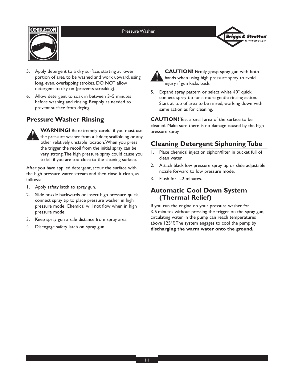 Pressure washer rinsing, Cleaning detergent siphoning tube, Automatic cool down system (thermal relief) | Briggs & Stratton 01936 User Manual | Page 11 / 35