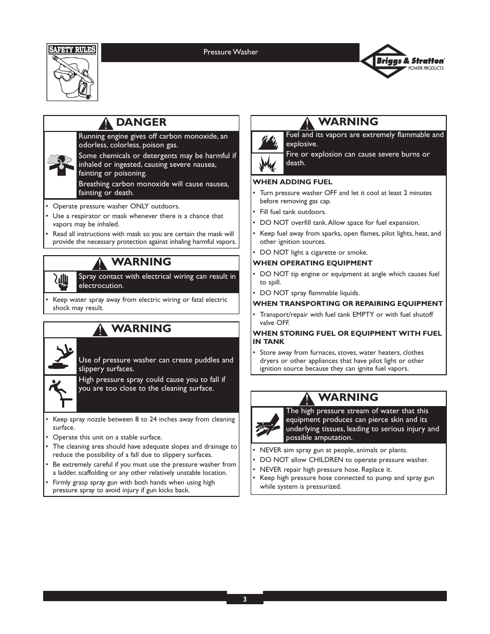 Warning, Danger | Briggs & Stratton 01936 User Manual | Page 3 / 35