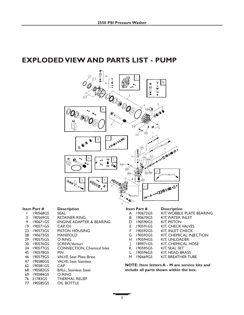 Exploded view and parts list - pump | Briggs & Stratton 01936 User Manual | Page 35 / 35