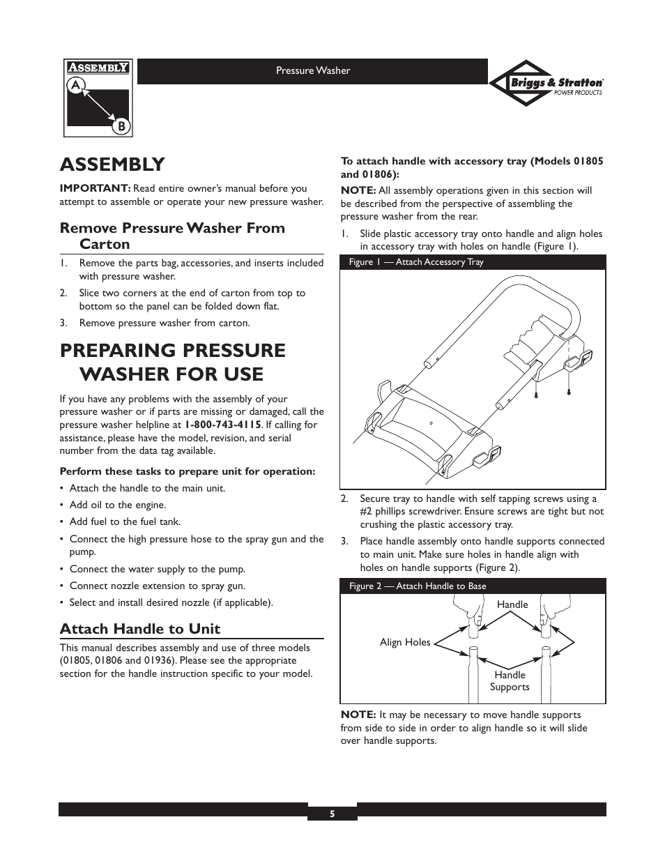 Assembly, Preparing pressure washer for use, Remove pressure washer from carton | Attach handle to unit | Briggs & Stratton 01936 User Manual | Page 5 / 35