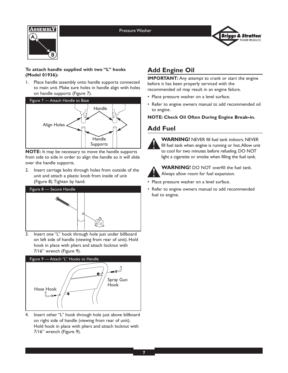 Add engine oil, Add fuel | Briggs & Stratton 01936 User Manual | Page 7 / 35