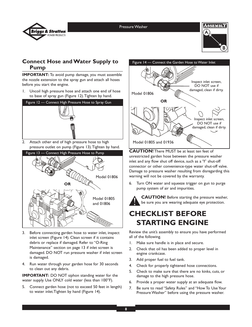 Checklist before starting engine, Connect hose and water supply to pump | Briggs & Stratton 01936 User Manual | Page 8 / 35