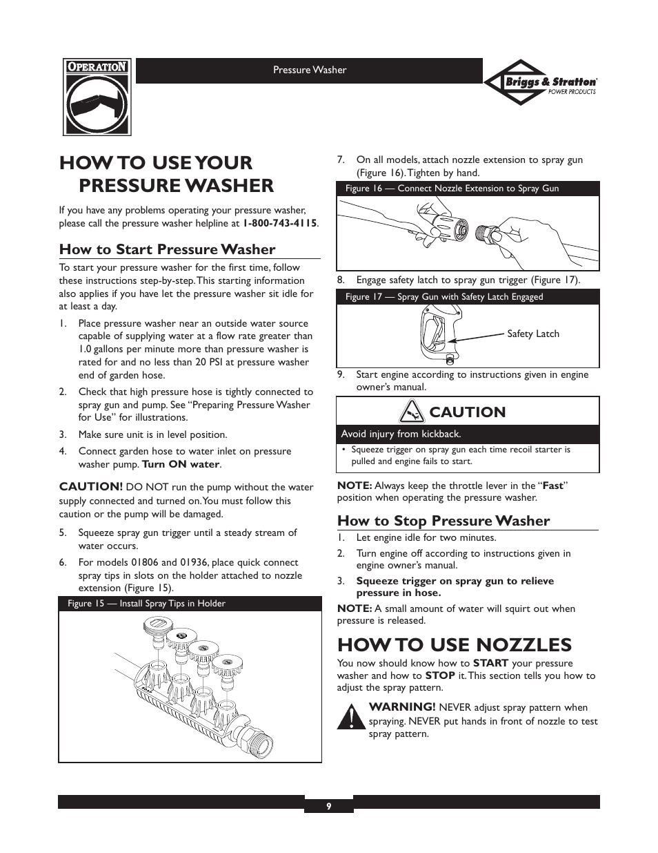 How to use your pressure washer, How to use nozzles, How to start pressure washer | How to stop pressure washer, Caution | Briggs & Stratton 01936 User Manual | Page 9 / 35