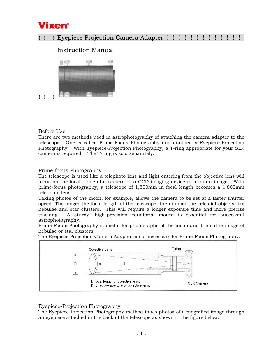 Vixen Eyepiece Projection Camera Adapter User Manual | 5 pages
