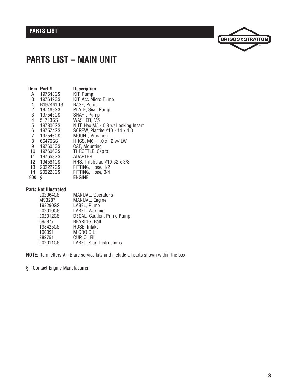 Parts list – main unit | Briggs & Stratton 73005 User Manual | Page 3 / 3