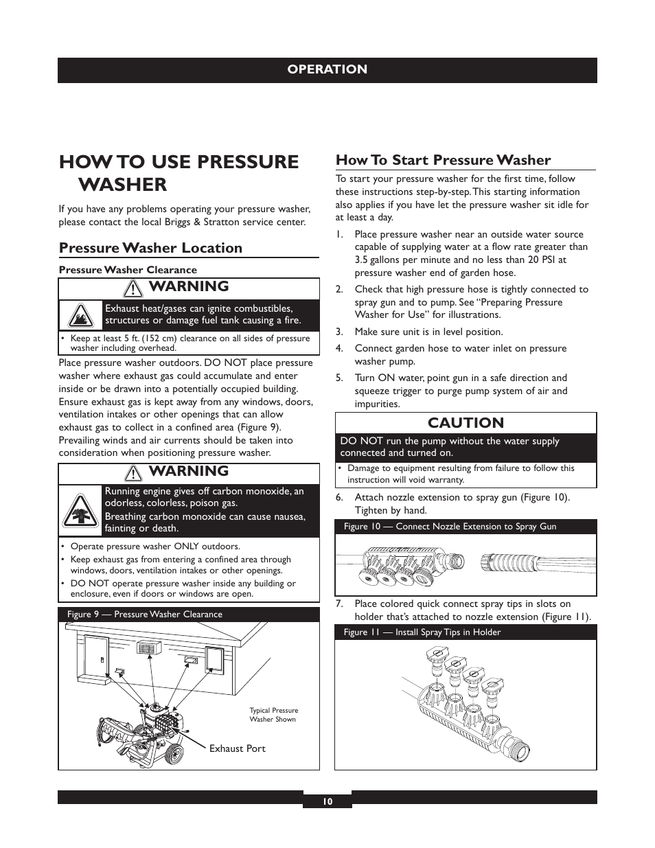 How to use pressure washer, Pressure washer location, How to start pressure washer | Caution, Warning | Briggs & Stratton 20224 User Manual | Page 10 / 92