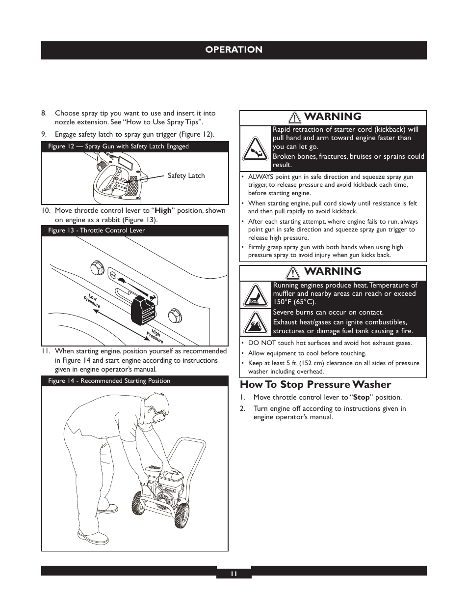 How to stop pressure washer, Warning | Briggs & Stratton 20224 User Manual | Page 11 / 92