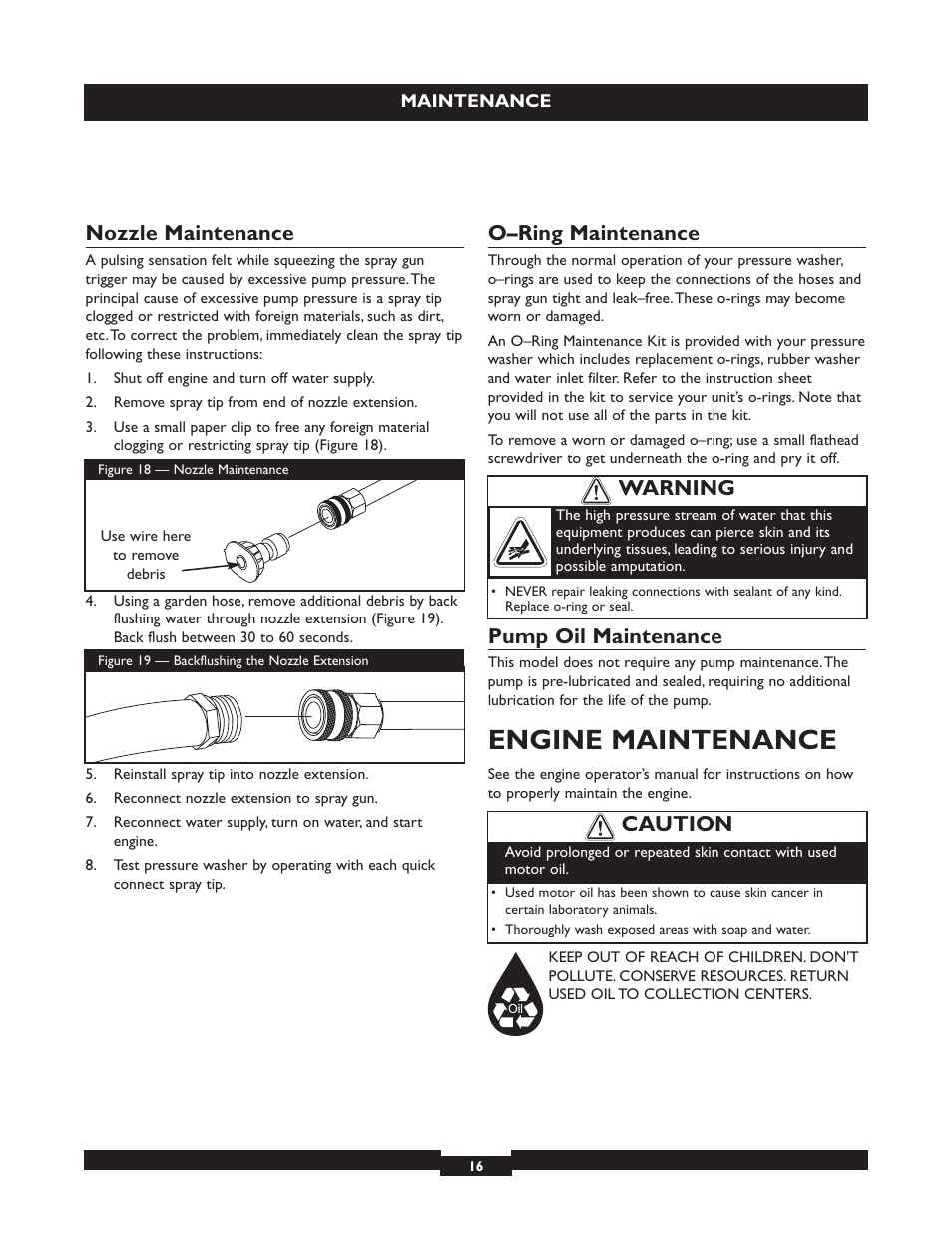 Engine maintenance, Nozzle maintenance, O–ring maintenance | Pump oil maintenance, Caution, Warning | Briggs & Stratton 20224 User Manual | Page 16 / 92