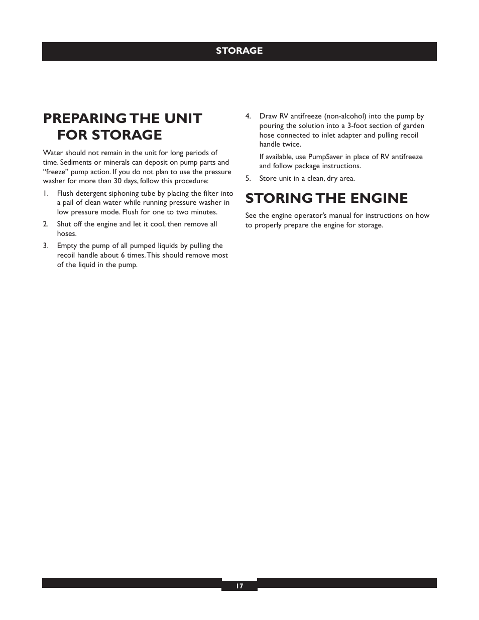 Preparing the unit for storage, Storing the engine | Briggs & Stratton 20224 User Manual | Page 17 / 92
