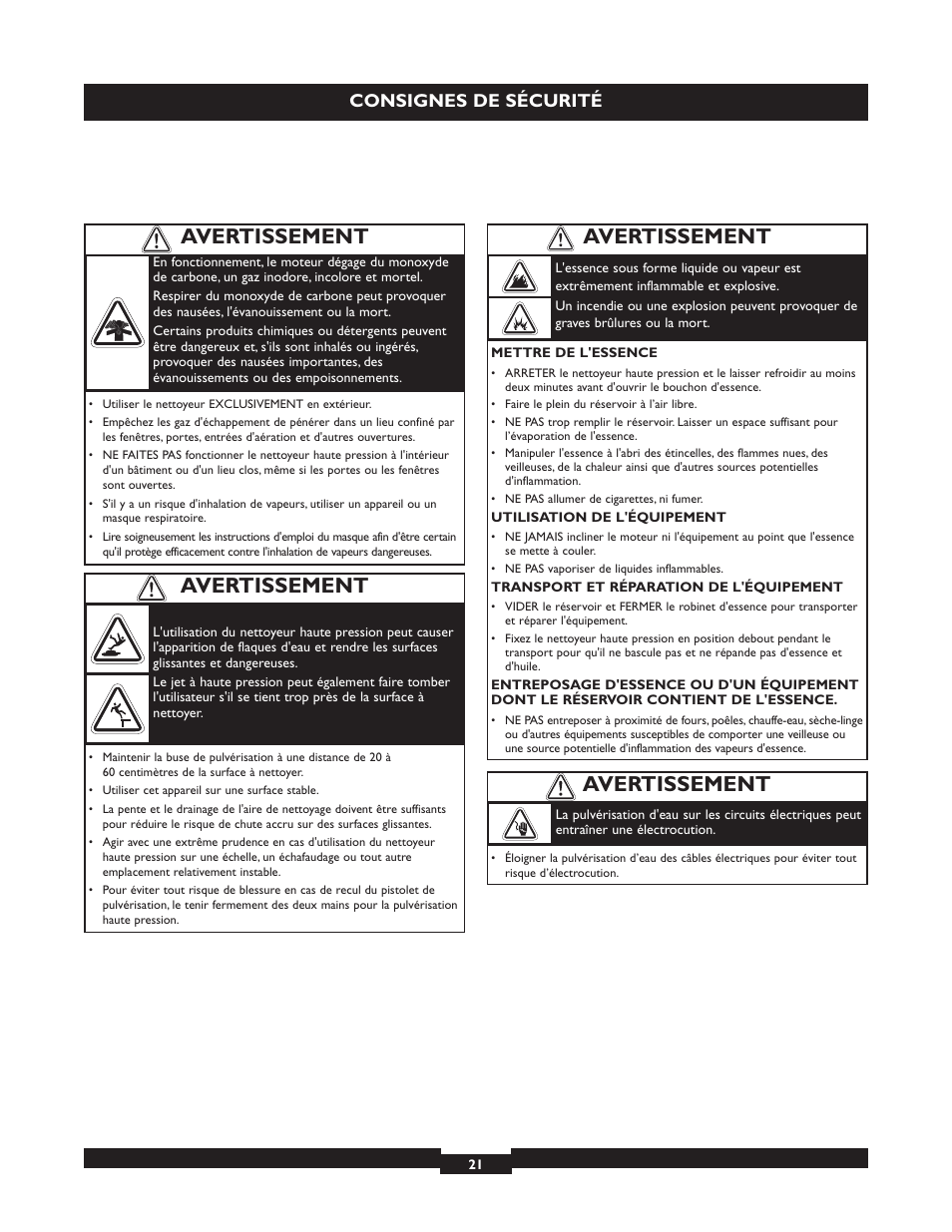 Avertissement, Consignes de sécurité | Briggs & Stratton 20224 User Manual | Page 21 / 92