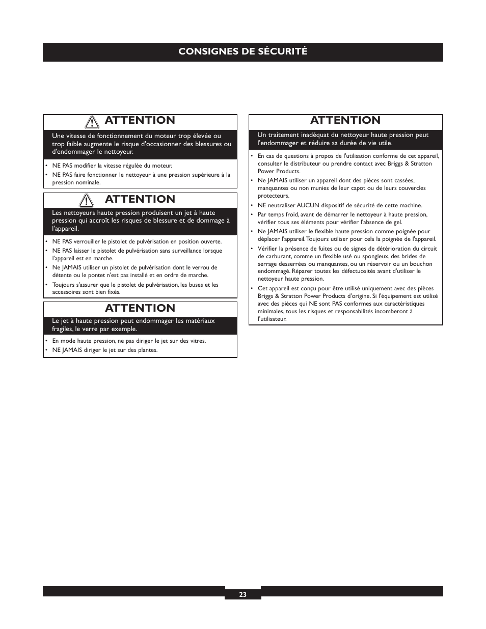 Attention, Consignes de sécurité | Briggs & Stratton 20224 User Manual | Page 23 / 92