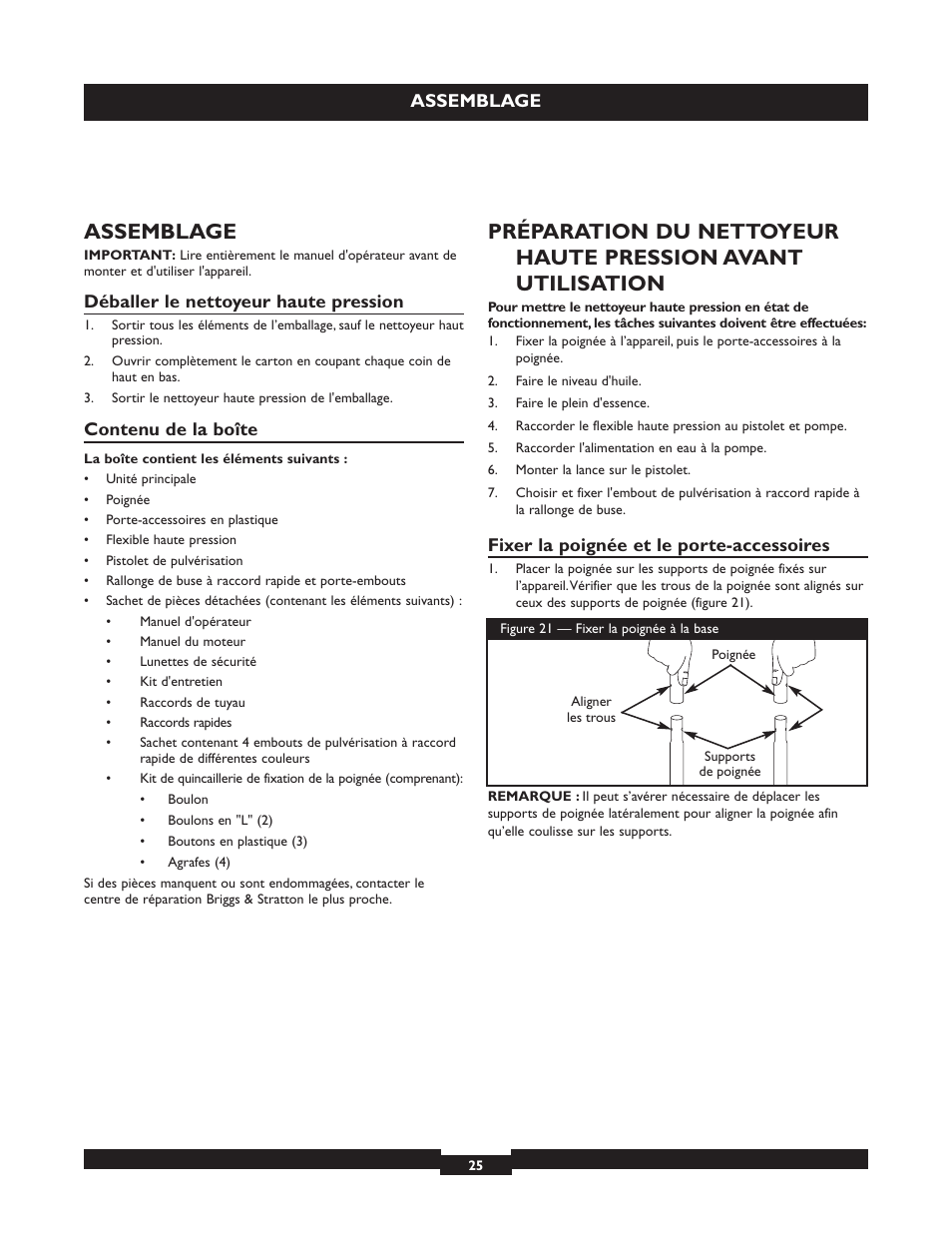 Assemblage, Déballer le nettoyeur haute pression, Contenu de la boîte | Fixer la poignée et le porte-accessoires | Briggs & Stratton 20224 User Manual | Page 25 / 92
