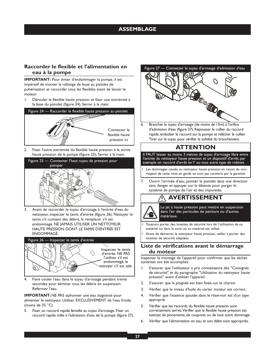 Attention, Avertissement, Assemblage | Briggs & Stratton 20224 User Manual | Page 27 / 92