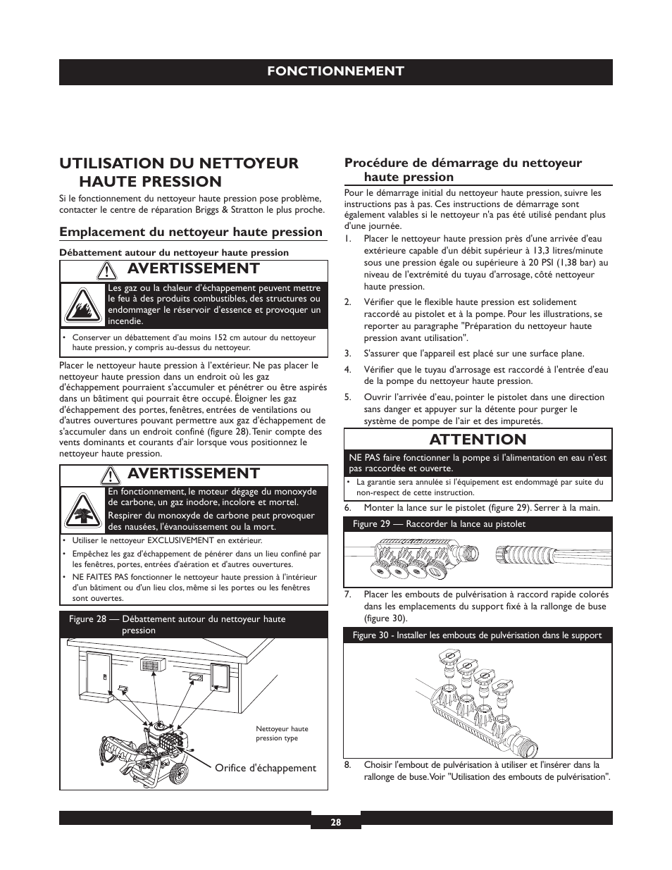 Utilisation du nettoyeur haute pression, Attention, Avertissement | Briggs & Stratton 20224 User Manual | Page 28 / 92