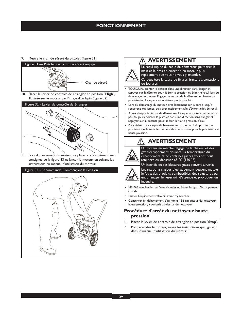 Avertissement, Fonctionnement, Procédure d'arrêt du nettoyeur haute pression | Briggs & Stratton 20224 User Manual | Page 29 / 92