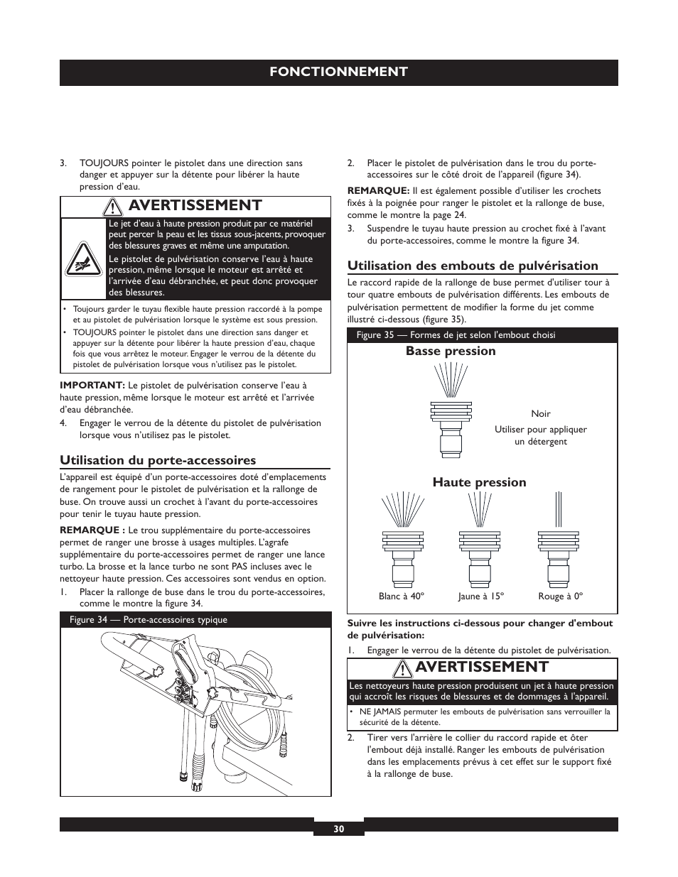 Avertissement, Fonctionnement, Utilisation du porte-accessoires | Utilisation des embouts de pulvérisation, Basse pression haute pression | Briggs & Stratton 20224 User Manual | Page 30 / 92