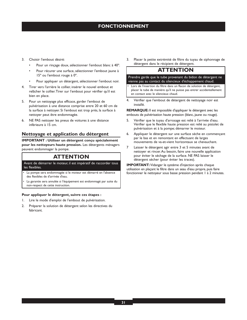 Attention, Fonctionnement, Nettoyage et application du détergent | Briggs & Stratton 20224 User Manual | Page 31 / 92