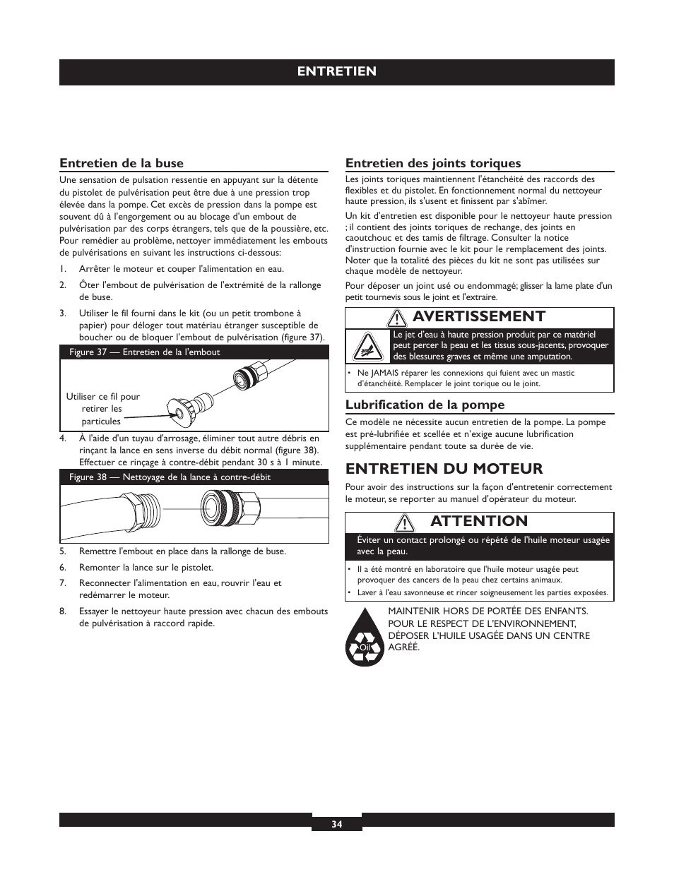 Entretien du moteur, Attention, Avertissement | Briggs & Stratton 20224 User Manual | Page 34 / 92