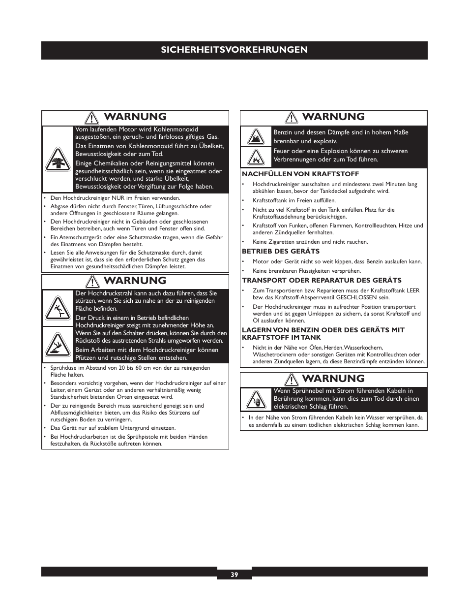 Warnung, Sicherheitsvorkehrungen | Briggs & Stratton 20224 User Manual | Page 39 / 92