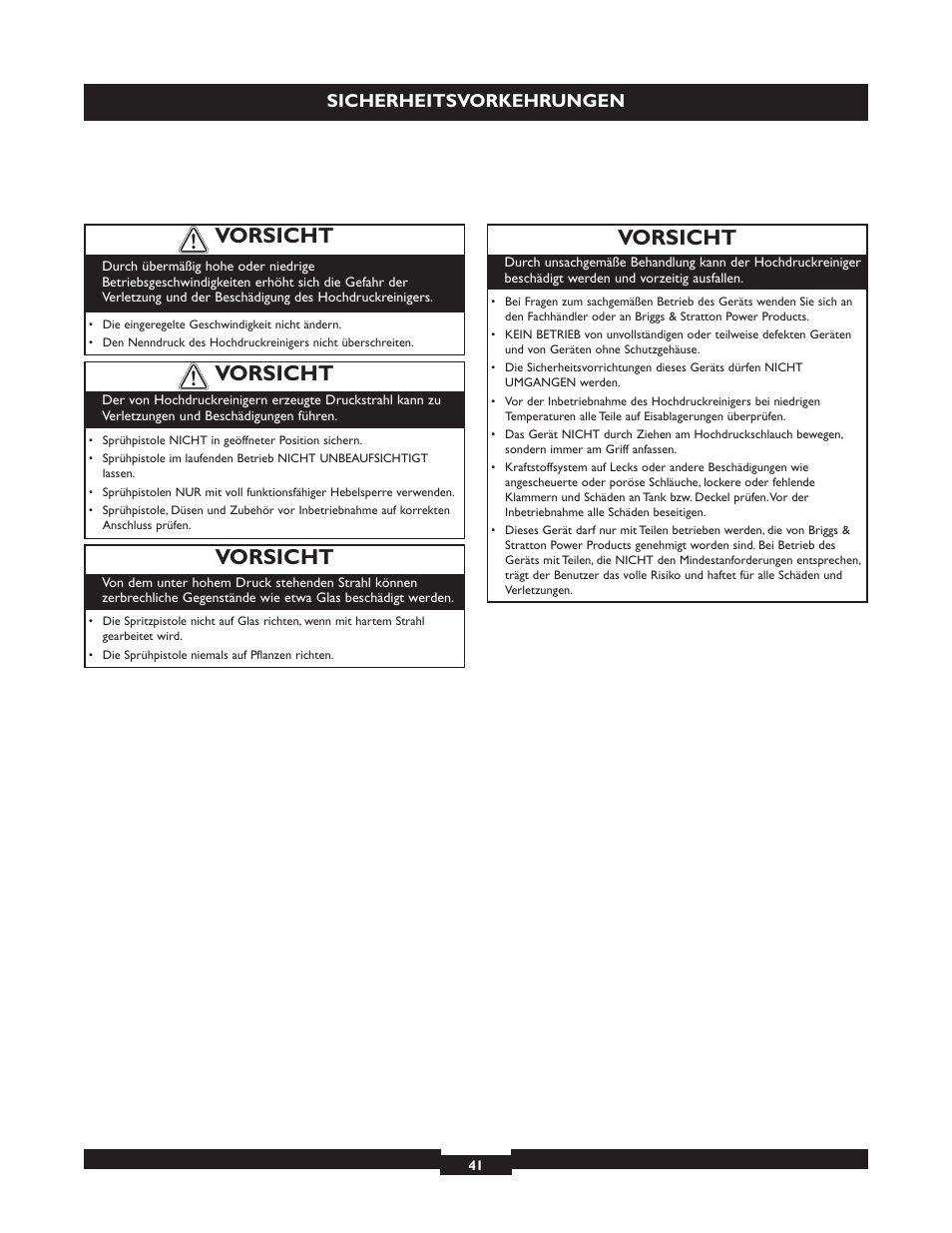 Vorsicht, Sicherheitsvorkehrungen | Briggs & Stratton 20224 User Manual | Page 41 / 92