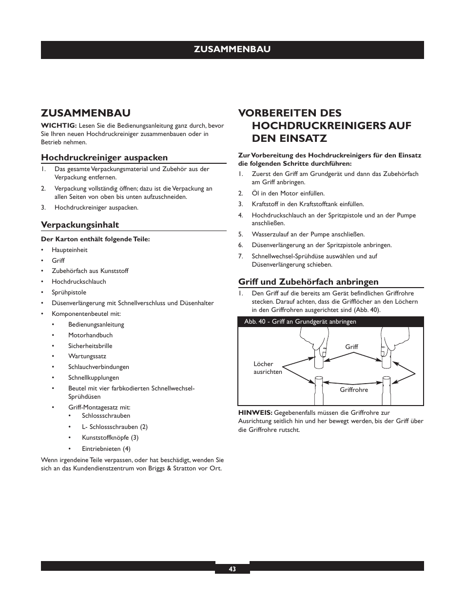Vorbereiten des hochdruckreinigers auf den einsatz, Zusammenbau, Hochdruckreiniger auspacken | Verpackungsinhalt, Griff und zubehörfach anbringen | Briggs & Stratton 20224 User Manual | Page 43 / 92