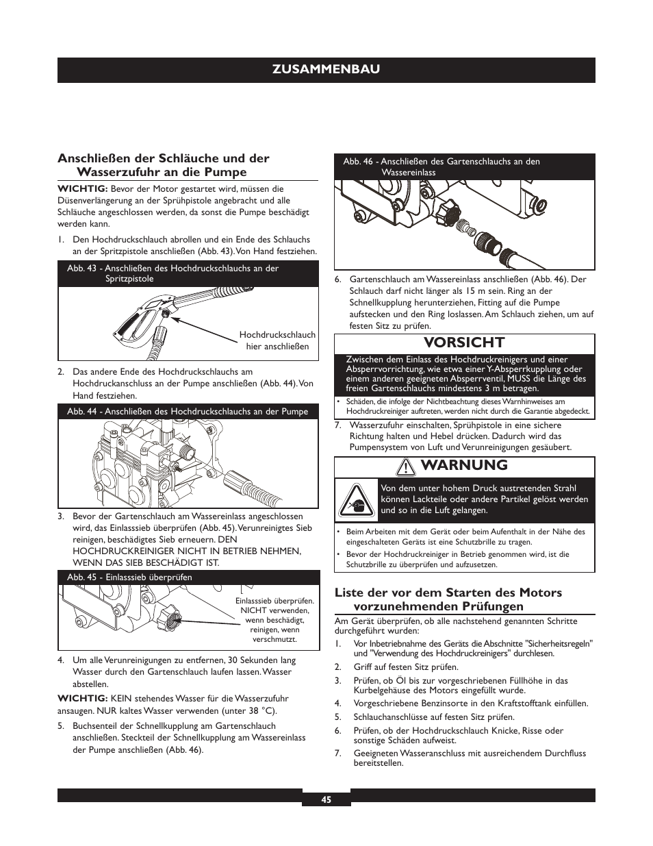 Vorsicht, Warnung, Zusammenbau | Briggs & Stratton 20224 User Manual | Page 45 / 92