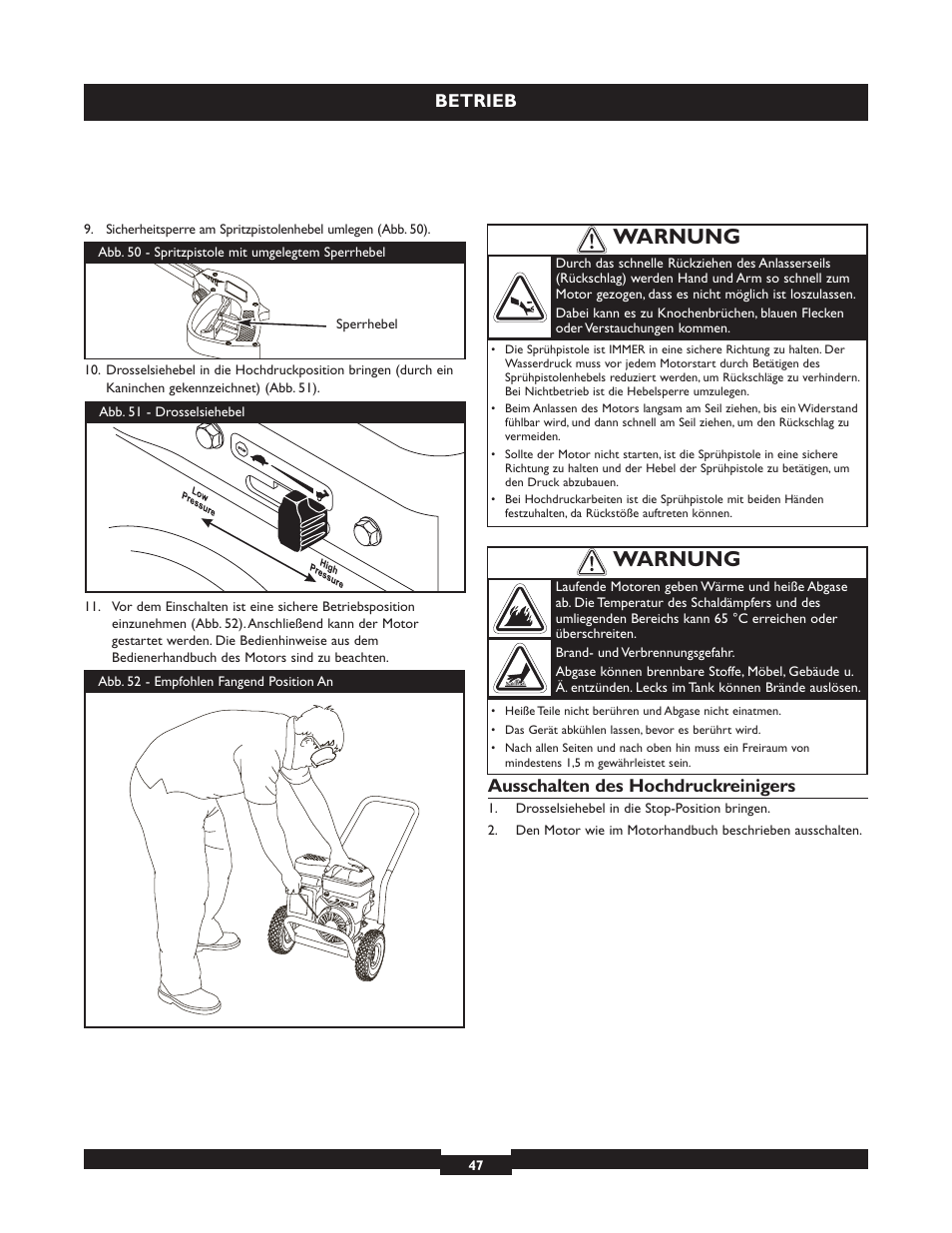 Warnung, Betrieb, Ausschalten des hochdruckreinigers | Briggs & Stratton 20224 User Manual | Page 47 / 92