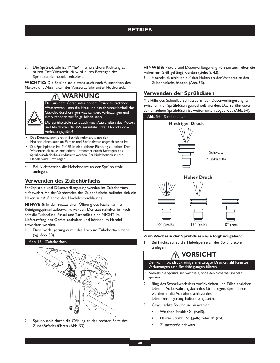 Vorsicht, Warnung, Betrieb | Verwenden des zubehörfachs, Verwenden der sprühdüsen | Briggs & Stratton 20224 User Manual | Page 48 / 92